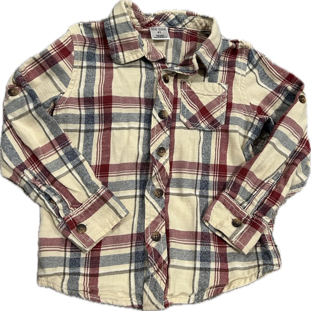 Okie Dokie Red, Blue, Cream, & Green Plaid Button Down Shirt